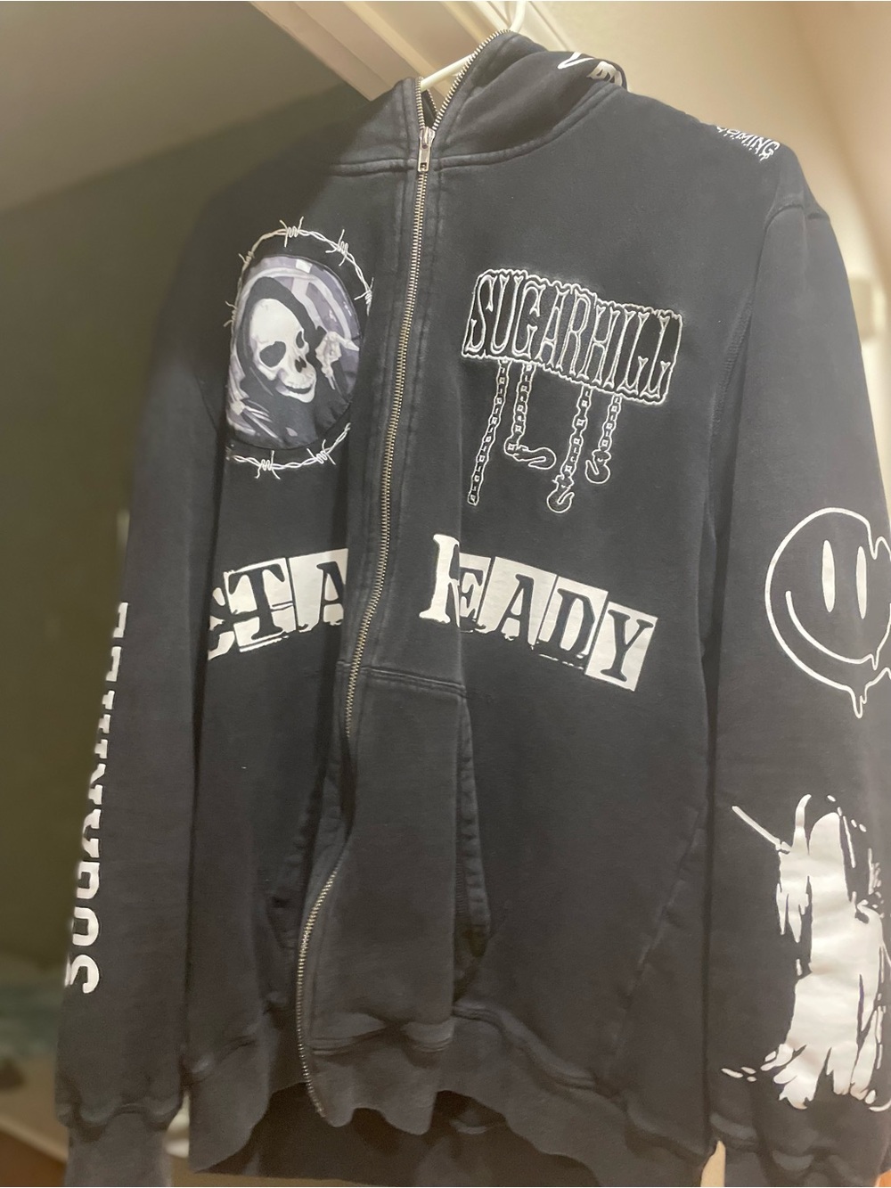 Y2K Vintage sugar hill full zip Black Skull Graphic Hoodie